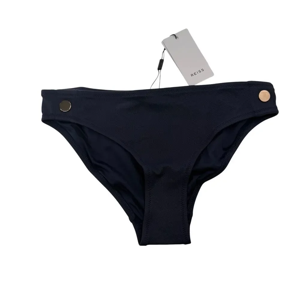 REISS Bathing Suit Set Size 8 NEW Navy Blue Bikini Halter Button Bottom Bailey
